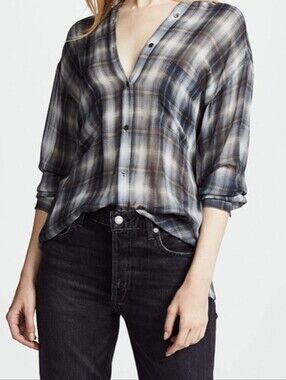 Vince 100% Silk V-Neck Plaid Button Down Top Size Medium High Drape Billowy